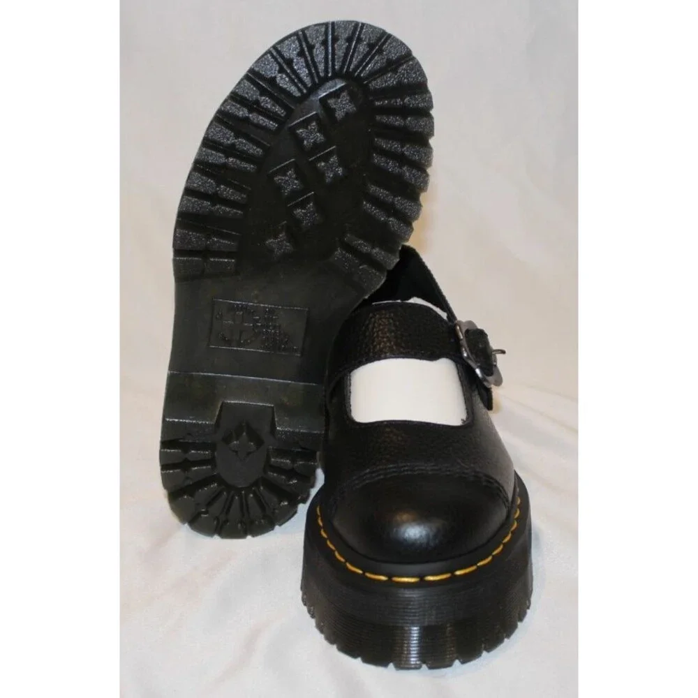 Dr Martens Women Addina Flower Buckle Mary Jane Leather Platform Sandal BLACK 10